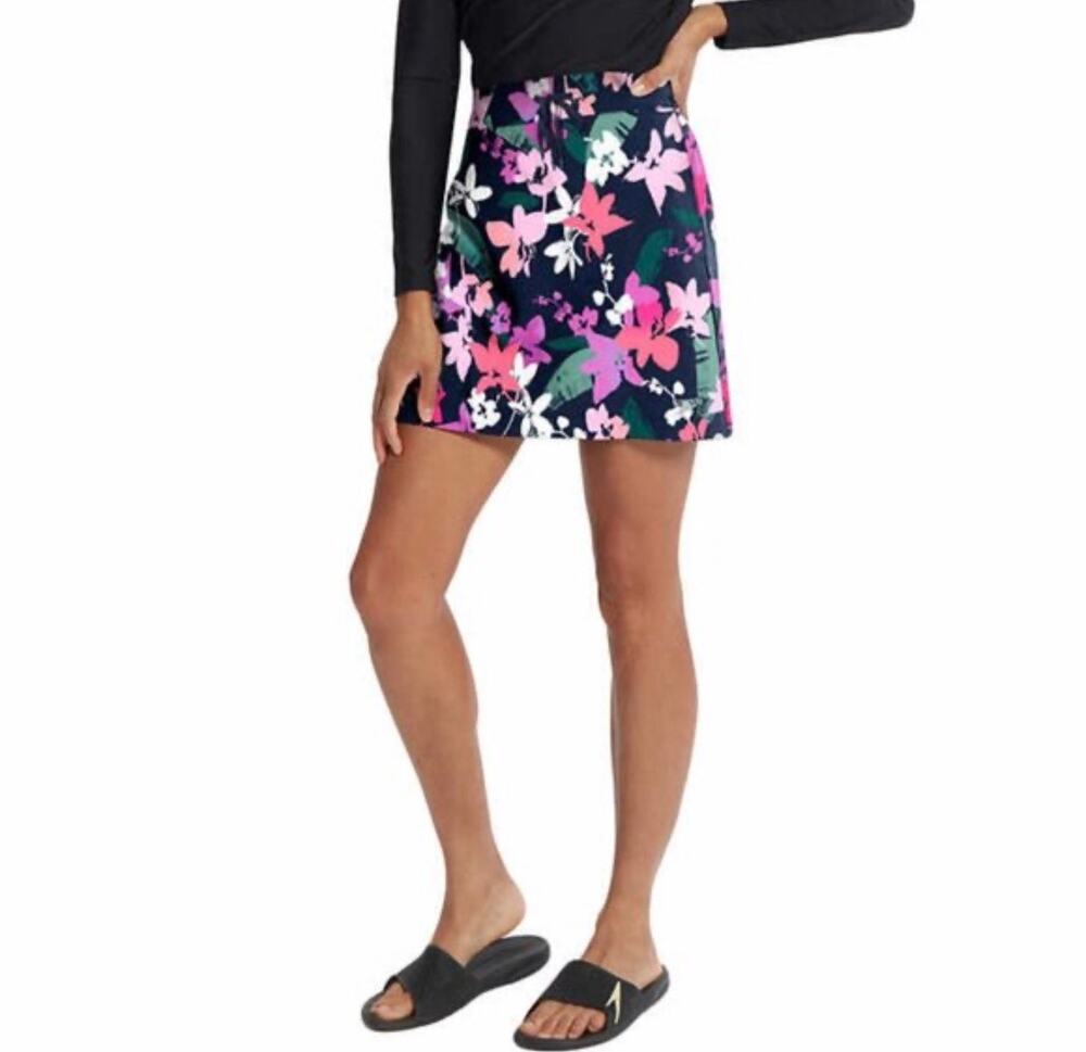 Speedo Floral Swim Skort Large Navy Pink Built In Shorts Swim Bottom UPF50+